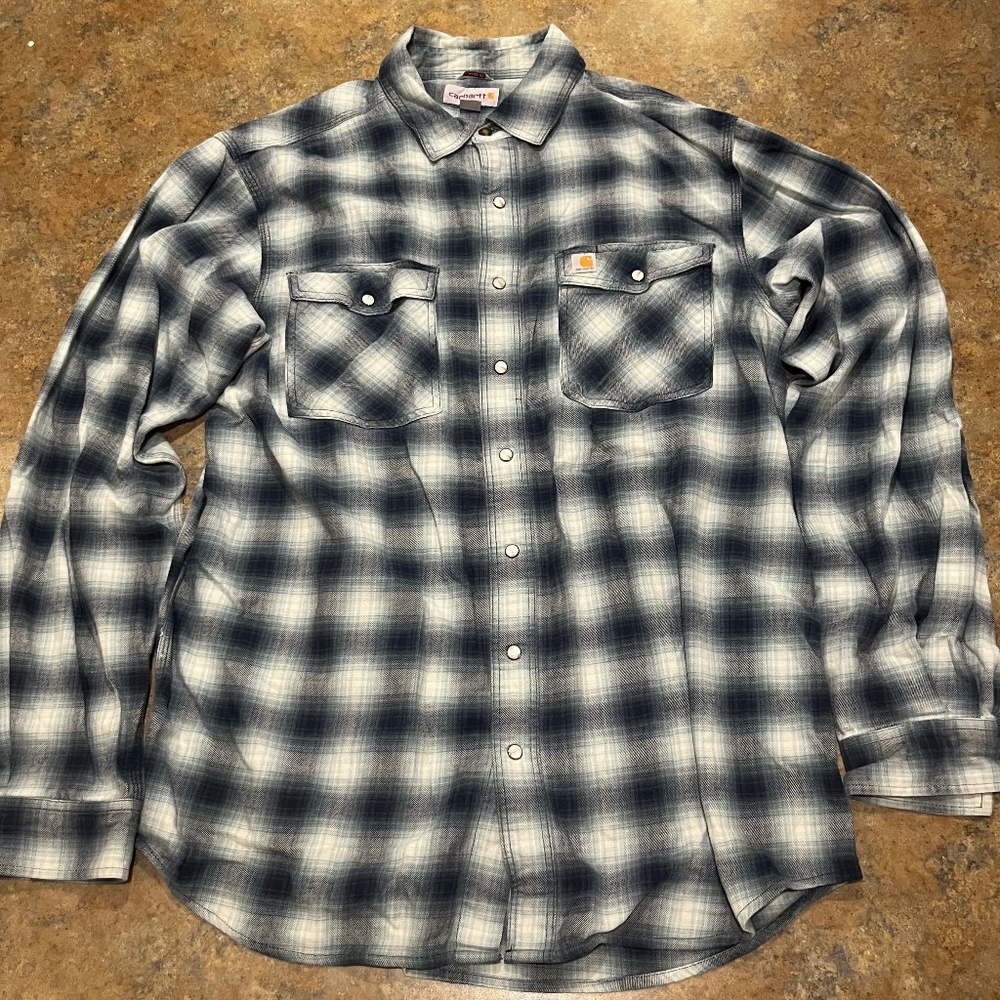 Carhartt Pearl Snap Flannel Shirt Men's LT Large Tall Blue Plaid Heavyweight